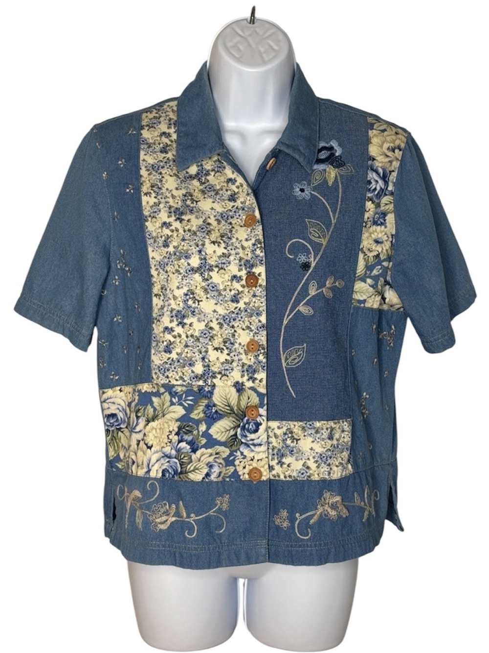 Koret City Blues Vintage Denim Floral Patchwork Embroidered Button-Down SS Shirt